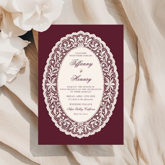 Vintage Lace Burgundy Wedding Invitation Inbjudningar (Skapare uppladdad)