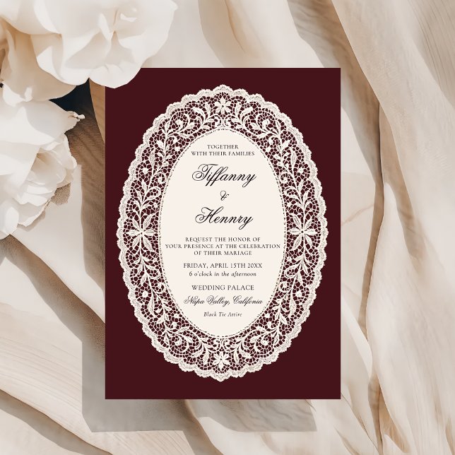 Vintage Lace Burgundy Wedding Invitation Inbjudningar (Skapare uppladdad)