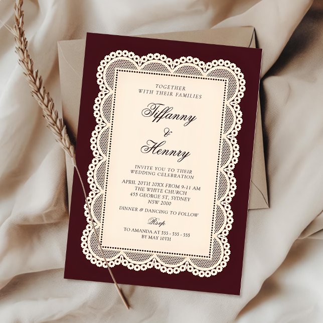 Vintage Lace Burgundy Wedding Invitation Inbjudningar (Skapare uppladdad)
