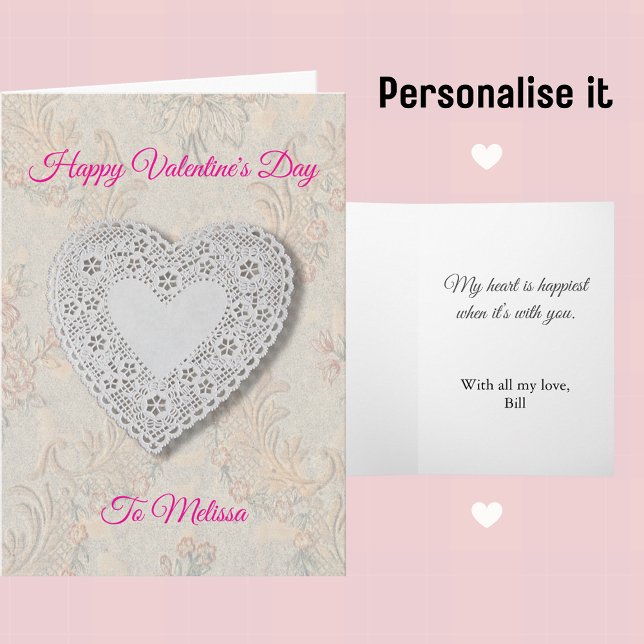 Vintage Lace Heart And Flowers Valentine Helgkort (Customizable Vintage Lace Heart Valentine's Day Card)