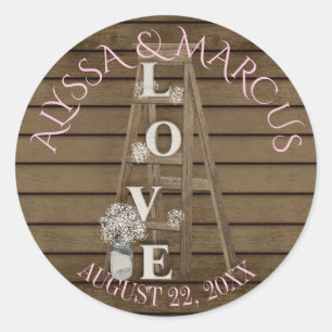 Vintage Ladder och Rustic Barn Wood Bröllop Runt Klistermärke