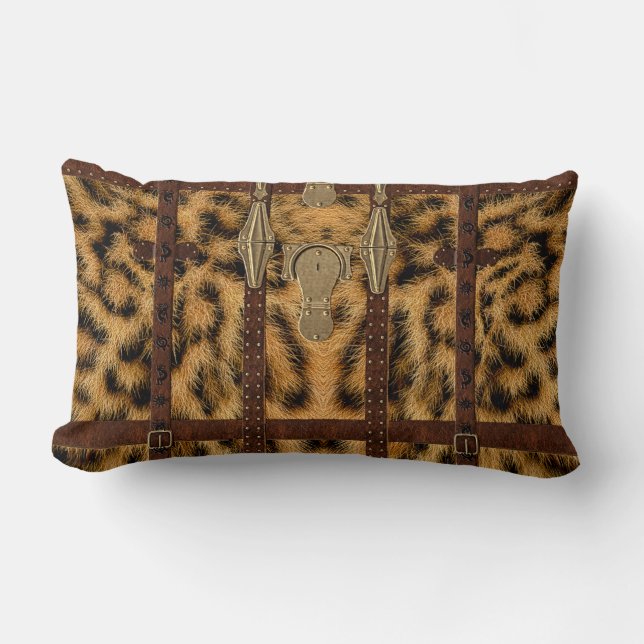 Vintage läder tribal leopard djurtryck lumbarkudde (Framsida)