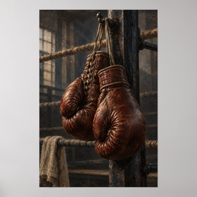 Vintage Läderboxningshandskar Rustic Boxningsvägg  Poster (Framsidan)