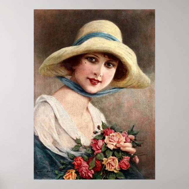 Vintage Lady With Bouquet Of Roses Poster (Framsidan)