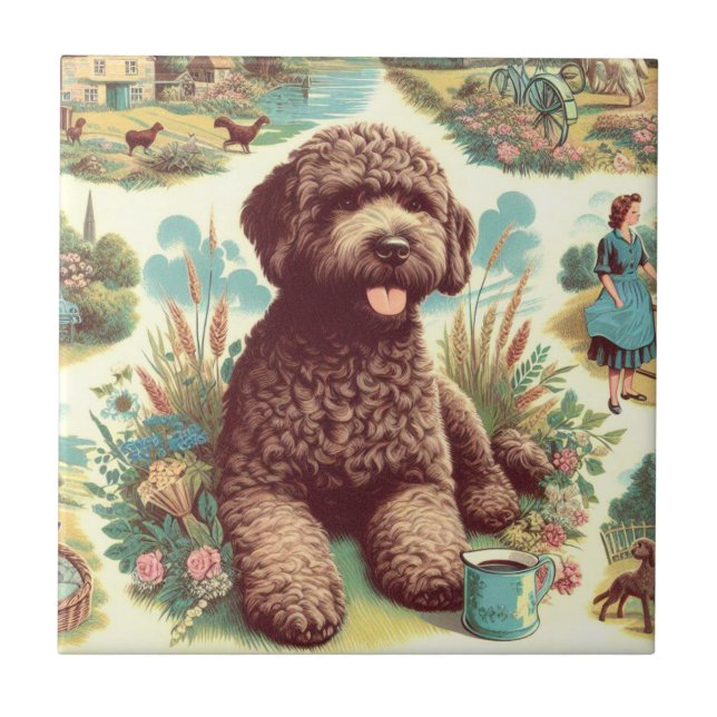 Vintage Lagotto Romagnolo Illustration Kakelplatta (Framsidan)