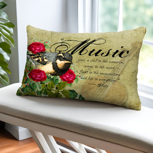 Vintage Lakan Music Quote Violin Röd ros och Bird Prydnadskudde