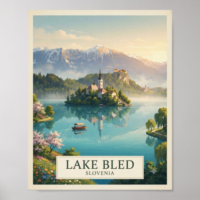 Vintage Lake Bled Slovenien Resemålning Poster  (Framsidan)