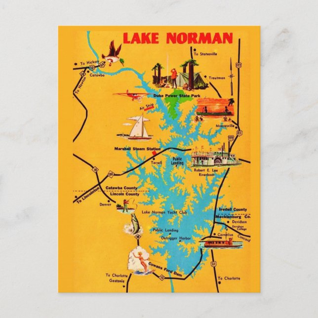 Vintage Lake Norman NC karta vykort (Framsida)