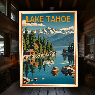 Vintage Lake Tahoe Retro Nature Landscape Rustic Vykort