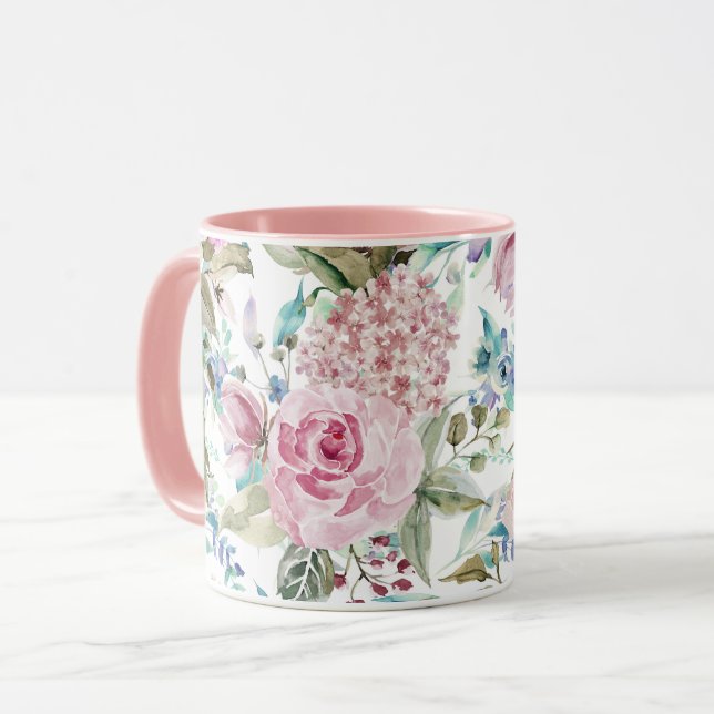 Vintage Land Chic Rosa Teal Lavender Blommigt Mugg (Framsida vänster)