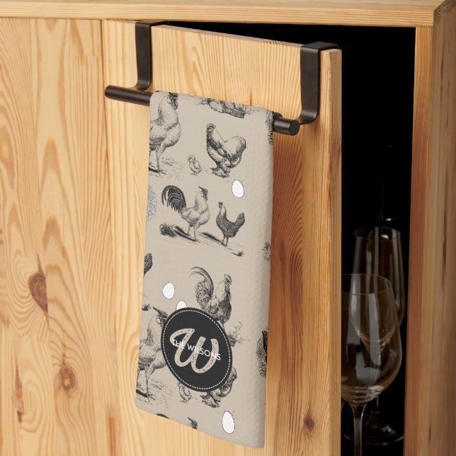 Vintage Land Chicken Tupp Egg Monogram Kökshandduk (Thirds Fold)