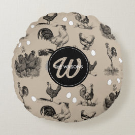 Vintage Land Chicken Tupp Egg Monogram Rund Kudde