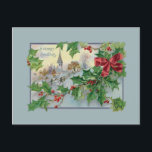 Vintage Land Church och Holly Helg Vykort<br><div class="desc">Bekvämt återställd julillustration under Viktorian-tidsåldern som visar att man med röd buske och fredlig kyrkoscen i land med God jul hälsning kan spreja sig med. Baksidan har kompletterande hollygrafik och redigerbar fält.</div>