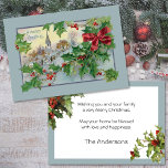 Vintage Land Church och Holly Julkort<br><div class="desc">Bekvämt återställd julillustration under Viktorian-tidsåldern som visar att man med röd buske och fredlig kyrkoscen i land med God jul hälsning kan spreja sig med. Baksidan har kompletterande hollygrafik och redigerbar fält.</div>