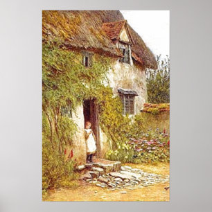 Vintage Land Cottage Girl som bor i Doorway Poster