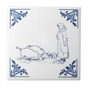 Vintage Land-gård Matande Grisar Delft Blue White Kakelplatta
