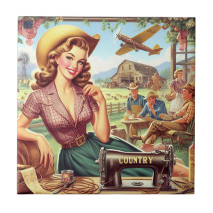 Vintage Land Girl Illustration Kakelplatta