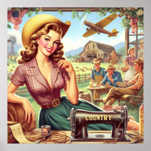 Vintage Land Girl Illustration Poster