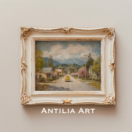 Vintage Land Town Painting Rustic Gult Car Poster
