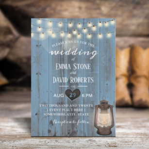 Vintage Lantern Dusty Blue Barn Wood Bröllop Inbjudningar