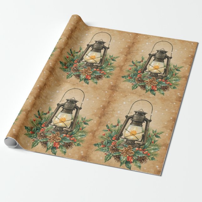 Vintage lantern holly pine rustic festive winter  presentpapper (Utrullad)