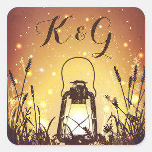 Vintage Lantern med Fireflies Bröllop Monogram Fyrkantigt Klistermärke