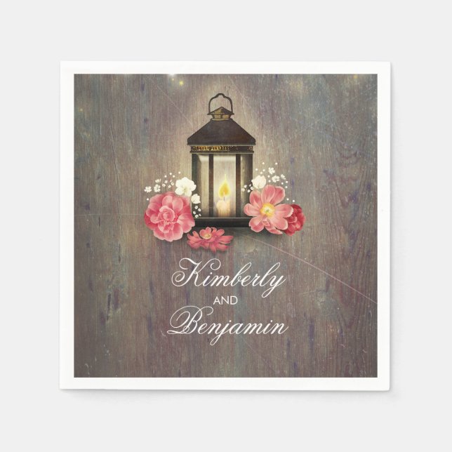 Vintage Lantern Rustic Barn Wood Bröllop Pappersservett (Framsidan)