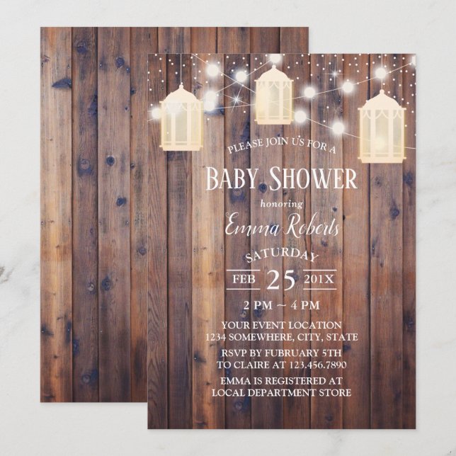 Vintage Lantern & String Ljus Rustic Baby Shower Inbjudningar (Fram/baksida)