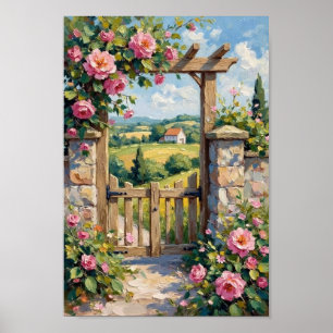 Vintage lantgårdsport med blomsterkonst poster