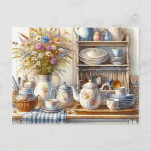 Vintage lantlig farmhouse servise tekanna vykort