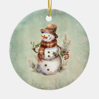Vintage lantlig söt snöman julgransprydnad keramik
