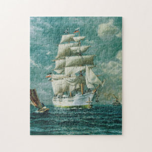 Vintage Large White Sailboat-Painting (1895) Pussel