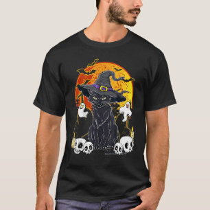 Vintage läskig Halloween svart katt häxa hatt T Shirt