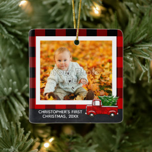 Vintage Lastbil Buffalo Plaid Photo Pojke First Julgransprydnad Keramik