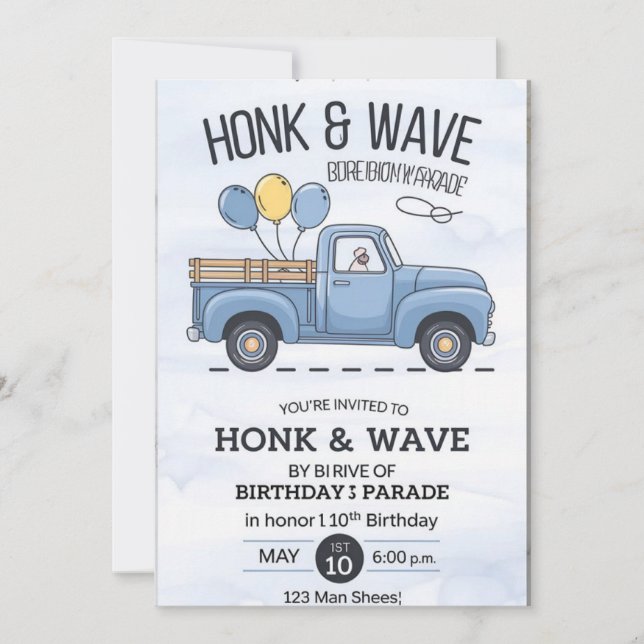 Vintage Lastbil Honk & Wave Birthday Parad bjudati Inbjudningar (Framsida)