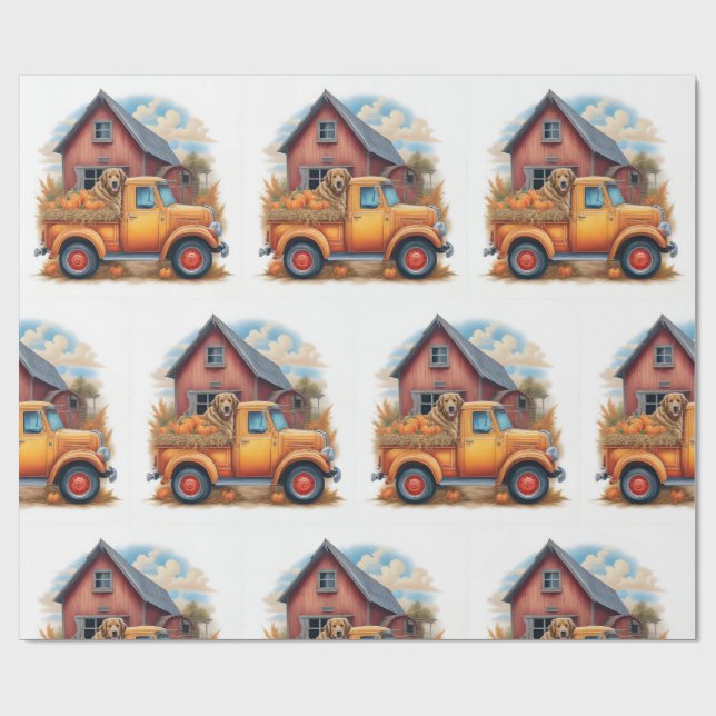 Vintage Lastbil & Hunting Hund under hösten, höste Presentpapper (Platt)