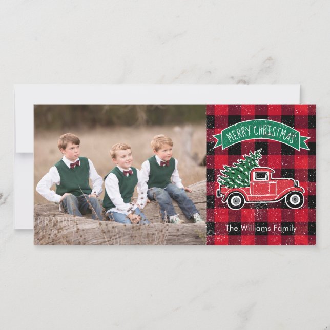 Vintage lastbil julgran Röd Buffalo-ruta Julkort (Framsida)