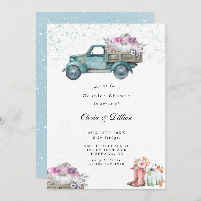 Vintage Lastbil och Pumpkin Par Shower Inbjudnings (Fram/baksida)