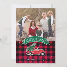 Vintage lastbil Röd Buffalo Plaid Holiday Fotokort