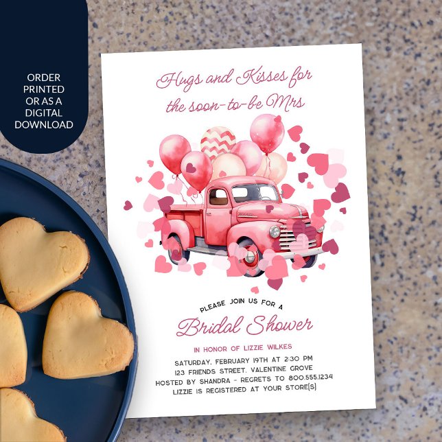 Vintage Lastbil Rosa Valentine Möhippa Inbjudningar (Valentine Bridal Shower Invitation with pink vintage truck and love hearts)