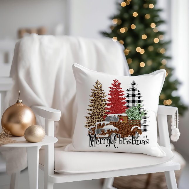 Vintage lastbil rutfylld leopard God Jul Kudde (Vintage truck and buffalo plaid Christmas trees "Merry Christmas" decorator pillow)