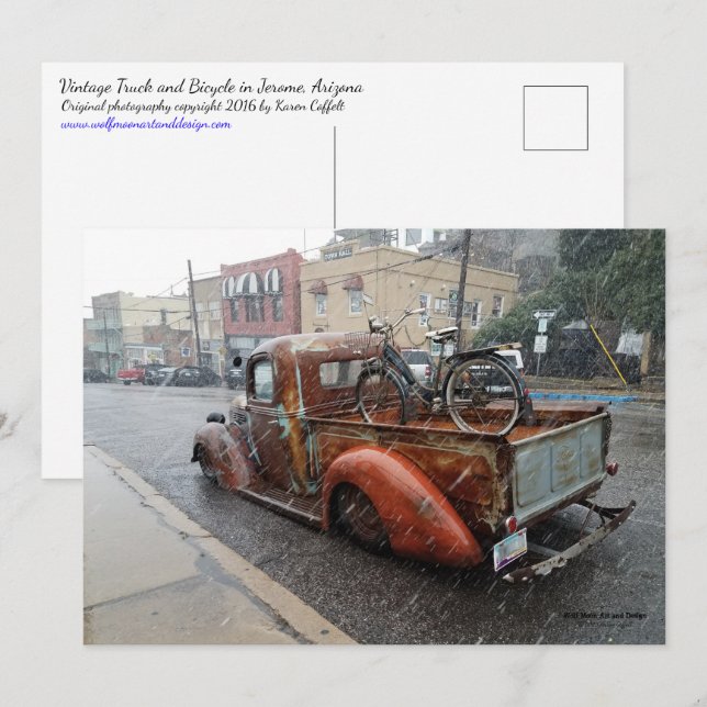 Vintage Lastbil w/ cykel / Jerome Arizona vykort (Fram/baksida)