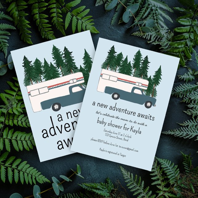 Vintage lastbilscamper RV husbil baby shower Inbjudningar (Adventure Awaits Baby Shower Invitation Vintage Truck Camper RV Motorhome Vanlife Camping )