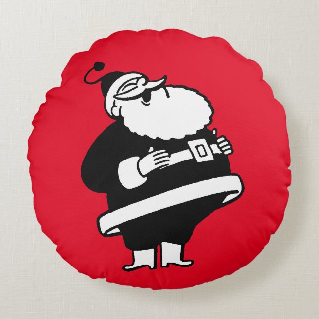 Vintage Laughing Santa På Julrött Rund Kudde (Framsidan)