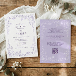Vintage Lavendel Fransk Bröllop med Blommotiv Inbjudningar