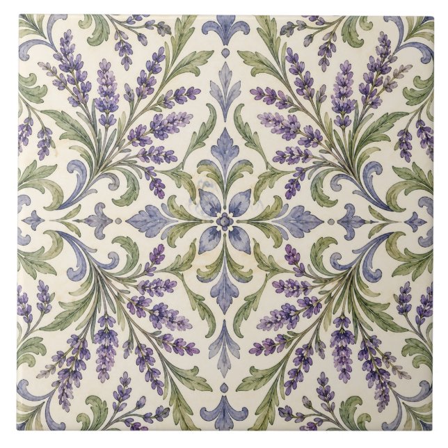 Vintage Lavendel Keramisk Botanisk Kakel (Framsidan)
