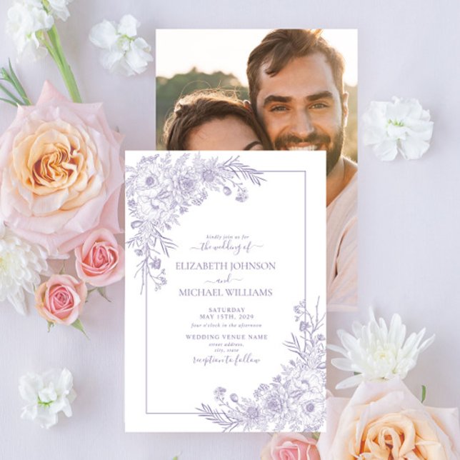 Vintage Lavender Blommigt Line Art Photo Bröllop Inbjudningar (Skapare uppladdad)