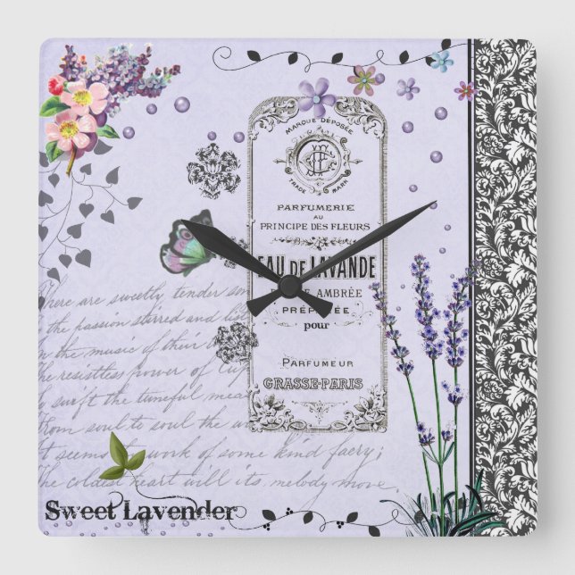 Vintage Lavender Collage-klocka Fyrkantig Klocka (Framsida)