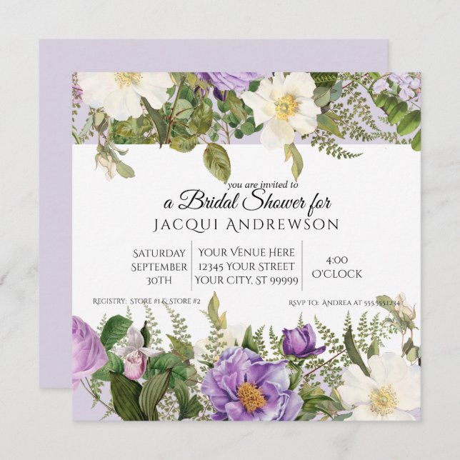 Vintage Lavender Ivory Ro Blommigt Möhippa Inbjudningar (Fram/baksida)