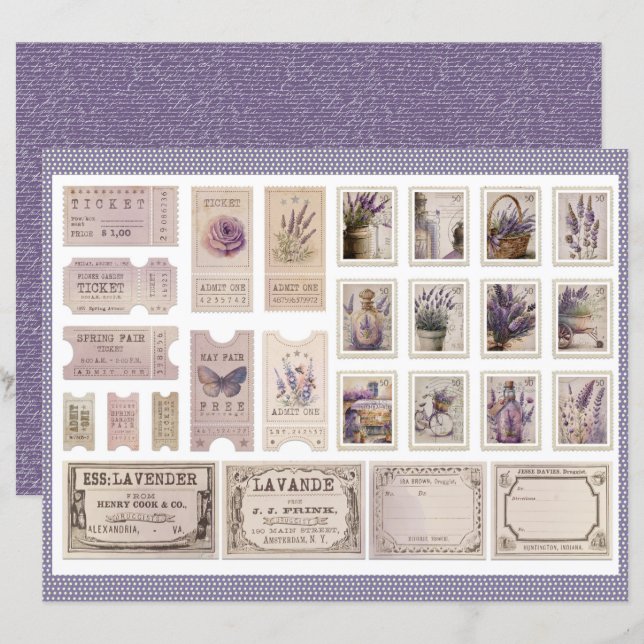 Vintage Lavender Journal Paper Sheet (Fram/baksida)